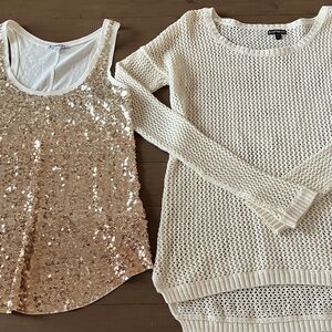 Express Cream and Gold Open Knit Sweater and Gold Sequin Tank Top Set